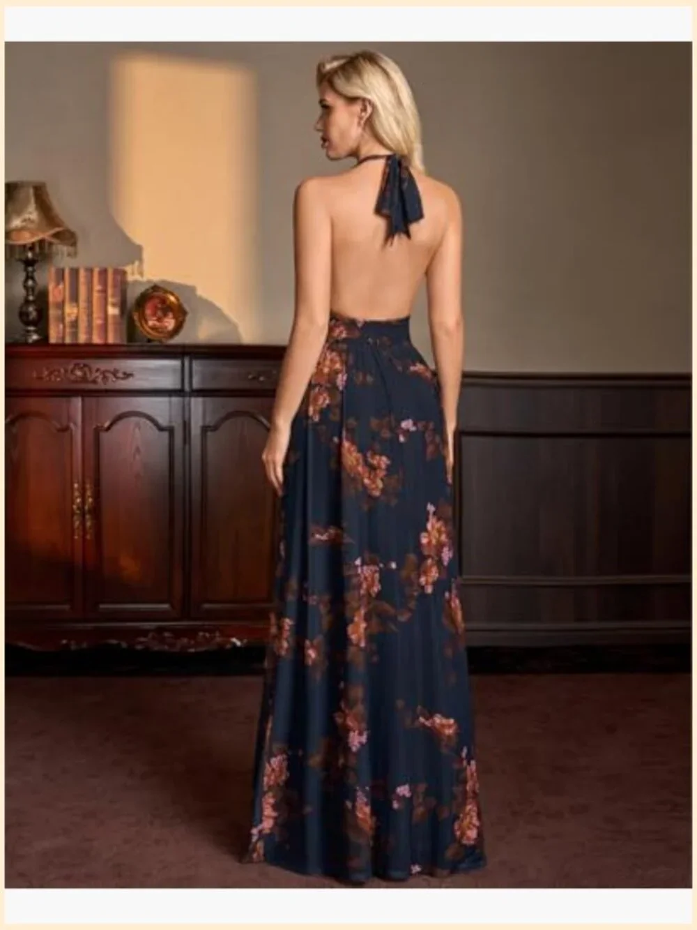 Halter Deep V-Neck Mesh Backless Maxi Dress Wedding Guest Cocktail - Picture 2 of 6